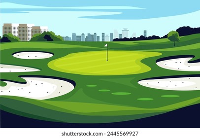 Flat Design of Green Golf Field Course with Cityscape in Bright Day