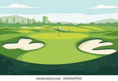 Diseño plano del campo de golf verde con paisaje urbano en día brillante