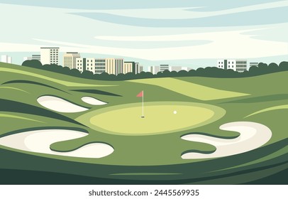 Flat Design of Green Golf Field Course with Cityscape in Bright Day