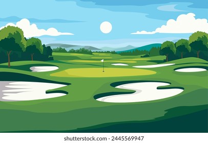 Diseño plano del campo de golf verde con vista a la montaña en día brillante