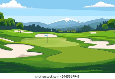 Flat Design of Green Golf Field Course with Mountain View in Bright Day