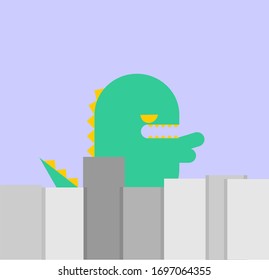 flat design, green Gozilla is ruining the city with a purple background