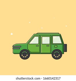 Diseño plano Camión de Jeep verde para cualquier viajante, aislado con un fondo marrón arenoso. ilustración vectorial