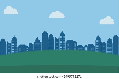 diseño plano de fondo de tierra verde y edificios de silueta con cielo azul y nubes