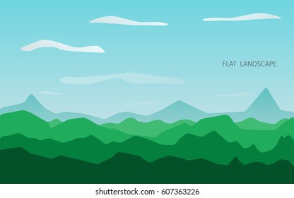 Flat design green mountain and sky landscape,vector Background illustration