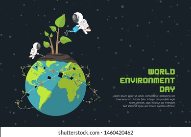 Flat design, Green plant on Earth grow plants by Astronauts , World Environment Day, greenhouse effect and Global warming, Vector illustration, Infographic Element