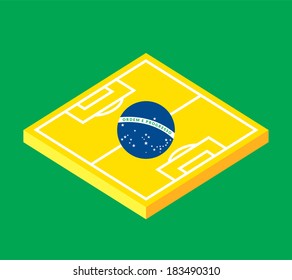 Flat design green soccer field, brazil flag, vector background illustration