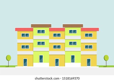 Flat design, green and yellow apartment building asia style with clear blue sky background, vector illustration