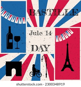 Flat design greeting card, banner for the French National Day, July 14, Bastille Day