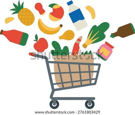 Flat design grocery shopping cart with fruits vegetables bottles and food items concept for supermarket retail and online delivery