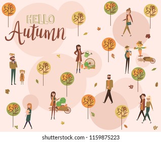 Flat design of group people outdoor in the autumn park on weekend. Editable vector illustration.