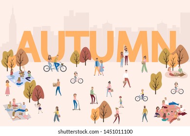 Flat design of group people outdoor in the autumn park on weekend. Editable vector illustration.