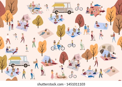 Flat design of group people outdoor in the autumn park on weekend. Editable vector illustration.