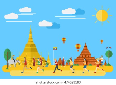 Flat design, Group of people running in Burma