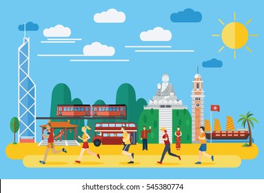 Flat Design, Group Of People Running In Hong Kong, Vector