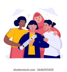 Projeto plano de um grupo de mulheres apoiam seu amigo deficiente, Abraço de amizade, Igualdade na união, Ilustração de vetor