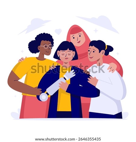 Flat design of a group of women support their disabled friend, Friendship embrace, Equality in togetherness, Vector illustration
