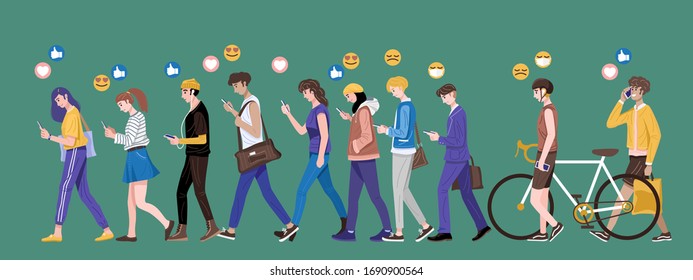 Diseño plano, Grupo de jóvenes que usan teléfonos inteligentes que envían y reciben emojis. Vector