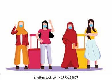 flat design of a group of young people and muslim preparing for a vacation with a health protocols