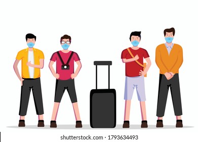flat design of a group of young people preparing for a vacation with a health protocols