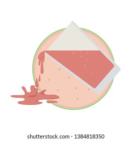 flat design of guava juice spill that drips from a glass with guava background