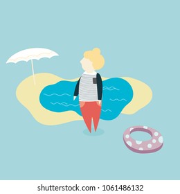 flat design of hair bun girl character at beach in summer, pastel color tone