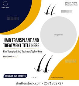 Flat design of hair transplant and treatment graphic vector social media post. Square flyer template.