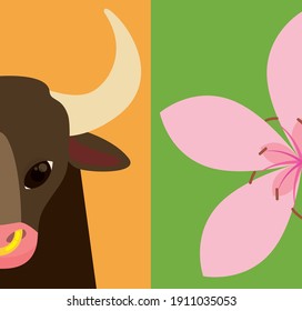 Diseño plano con mitad de retratos de cabeza de buey marrón y flor de melocotón.