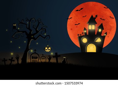 flat design Halloween background with graveyard and house. Vector, illustration.