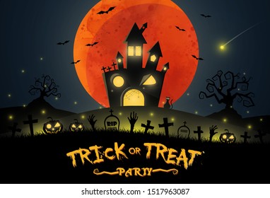 flat design Halloween background with graveyard and house. Vector, illustration.
