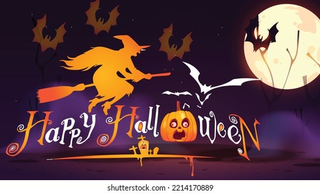 Flat design of Halloween background, Handwritten calligraphy with spider web and bats for greeting cards, posters, banners, flyers and invitations. Happy Halloween banner, text, t-short, icon, sign