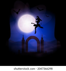 Diseño plano de Halloween. Bruja voladora sobre el fondo de la luna. Cementerio antiguo con tumbas por la noche y murciélagos
