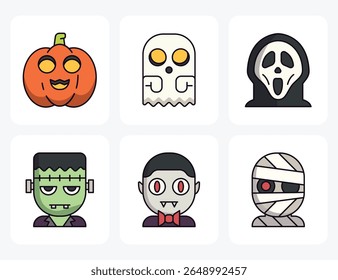 Flat design Halloween icons featuring pumpkin, ghost, mummy, vampire, Frankenstein, and scream mask. Great for festive banners, stickers, and kids' designs.