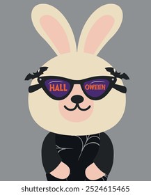 Flat Design Halloween Illustration with Cute Bunny Wear Sunglasses and Sweater Web Pattern