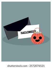 Flat Design Halloween Illustration with Envelope and Letter,Candy,Bag
