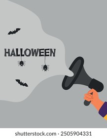 Flat Design Halloween Illustration at Loudspeaker and Spider,Bat