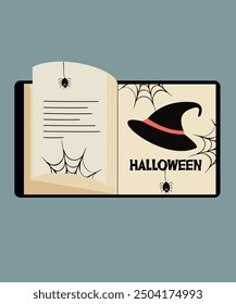 Flat Design Halloween Illustration with Open Book at Magic Hat