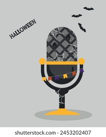 Flat Design Halloween Illustration with Retro Microphone and Bat,Web,Spider