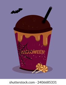Flat Design Halloween Illustration with Takeaway Cup of Hot Drink and Caramel Cream ,Candy,Bat,Web