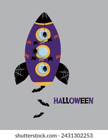 Flat Design Halloween Illustration with Toys Space and Bat,Web,Spider