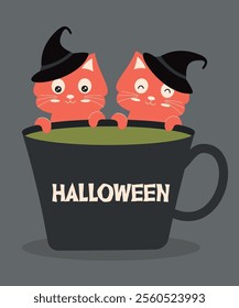 Flat Design Halloween Illustration with Two Black Cats and a Cup of Drink