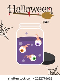 Flat design of Halloween magic potion with eyeball inside. Happy Halloween card design.