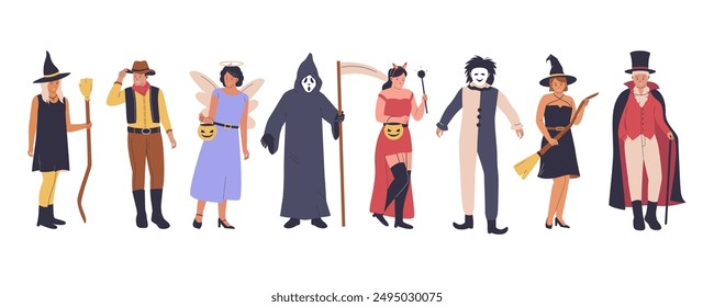 Flat design of halloween people wearing costumes set. Illustration for websites, landing pages, mobile apps, posters and banners. Trendy flat vector illustration