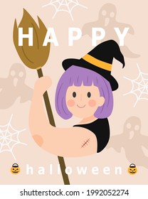 Flat design of Halloween postcard invitation. Cute witch character.