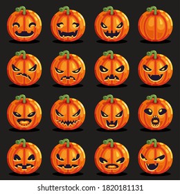 Flat design halloween pumpkin decoration scary faces smile emoji set icons layered vector illustration