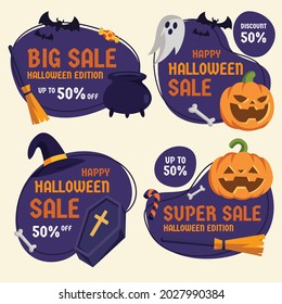 Colección de insignias de venta de halloween de diseño plano. Ilustración vectorial