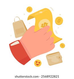 Flat design hand with cash money, Cash payment shopping transaction, Vector illustration