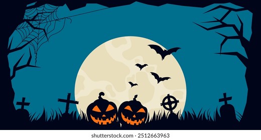 Flat design hand drawn halloween cemetery spooky and pumpkins silhouette background