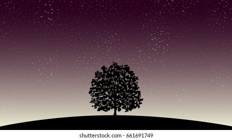 Flat design hand drawn lonely tree silhouette with starry sky at night vector background