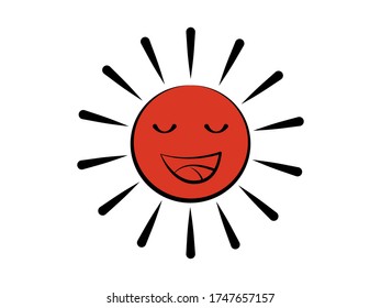 Flat design hand drawn outline sun happy smiles Cartoon character, red sun color in isolated white background vector illustration 